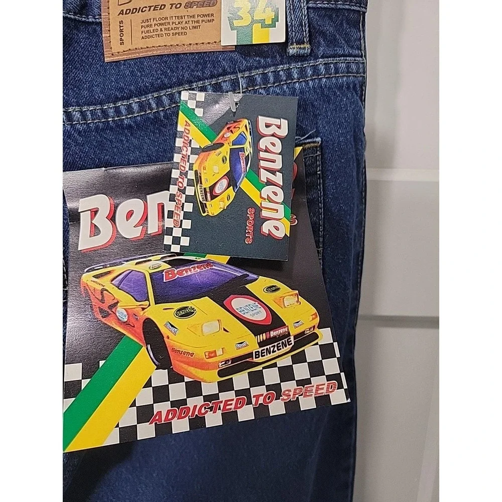 Benzene Sports Jeans Mens 34 Blue Denim Addicted To Speed NWT Vintage Y2K